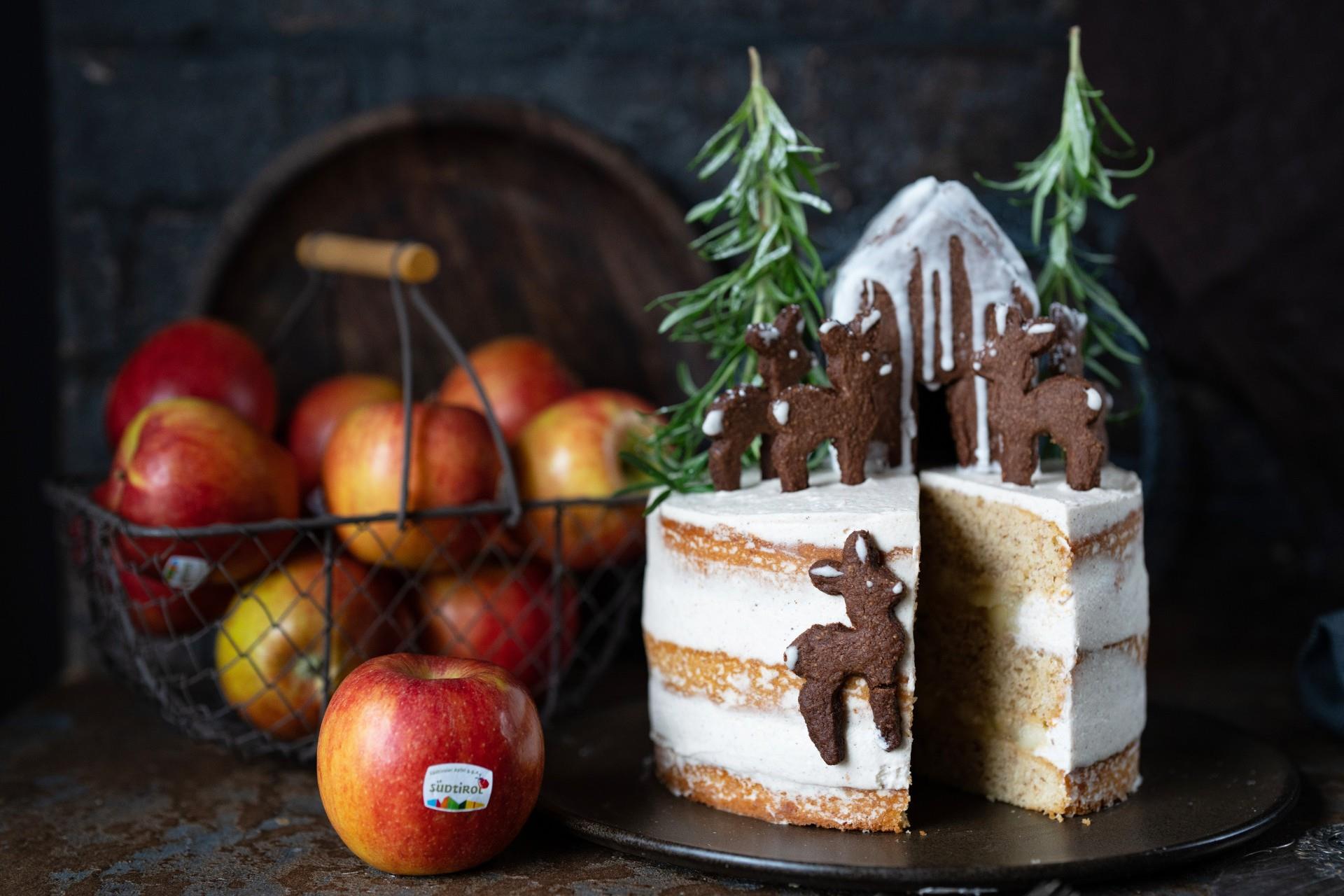 Winterlich dekorierte Apfeltorte mit Äpfeln und kleinen Tannen auf einem rustikalen Tisch.